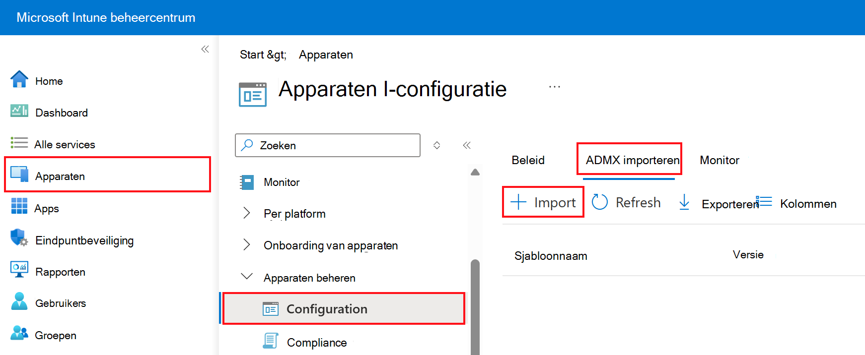 Schermopname die laat zien hoe u aangepaste ADMX en ADML toevoegt of importeert. Ga naar Apparaten > Configuratieprofielen > ADMX importeren in het Microsoft Intune-beheercentrum.