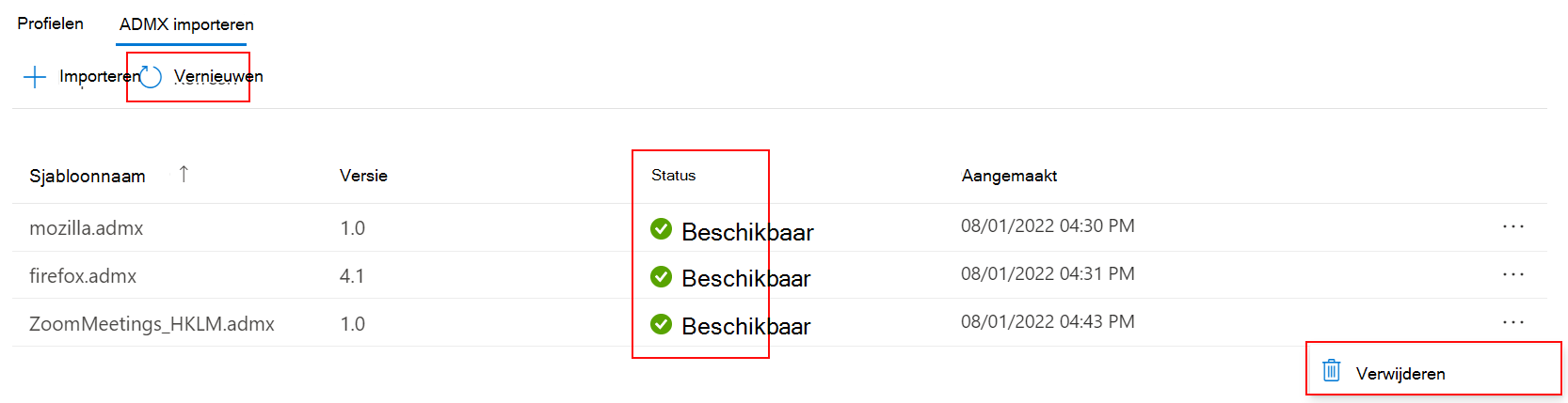 Schermopname van het vernieuwen en verwijderen van geïmporteerde aangepaste ADMX- en ADML-beheersjablonen in Microsoft Intune en Intune beheercentrum.