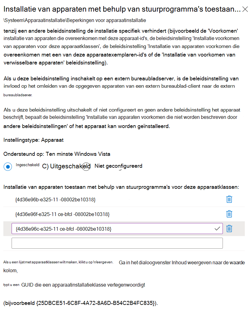 Schermopname die laat zien hoe u Microsoft Intune gebruikt om de instelling Installatie van apparaten toestaan met stuurprogramma's die overeenkomen met deze apparaatinstallatieklassen in te stellen met uw klasse-GUID's.