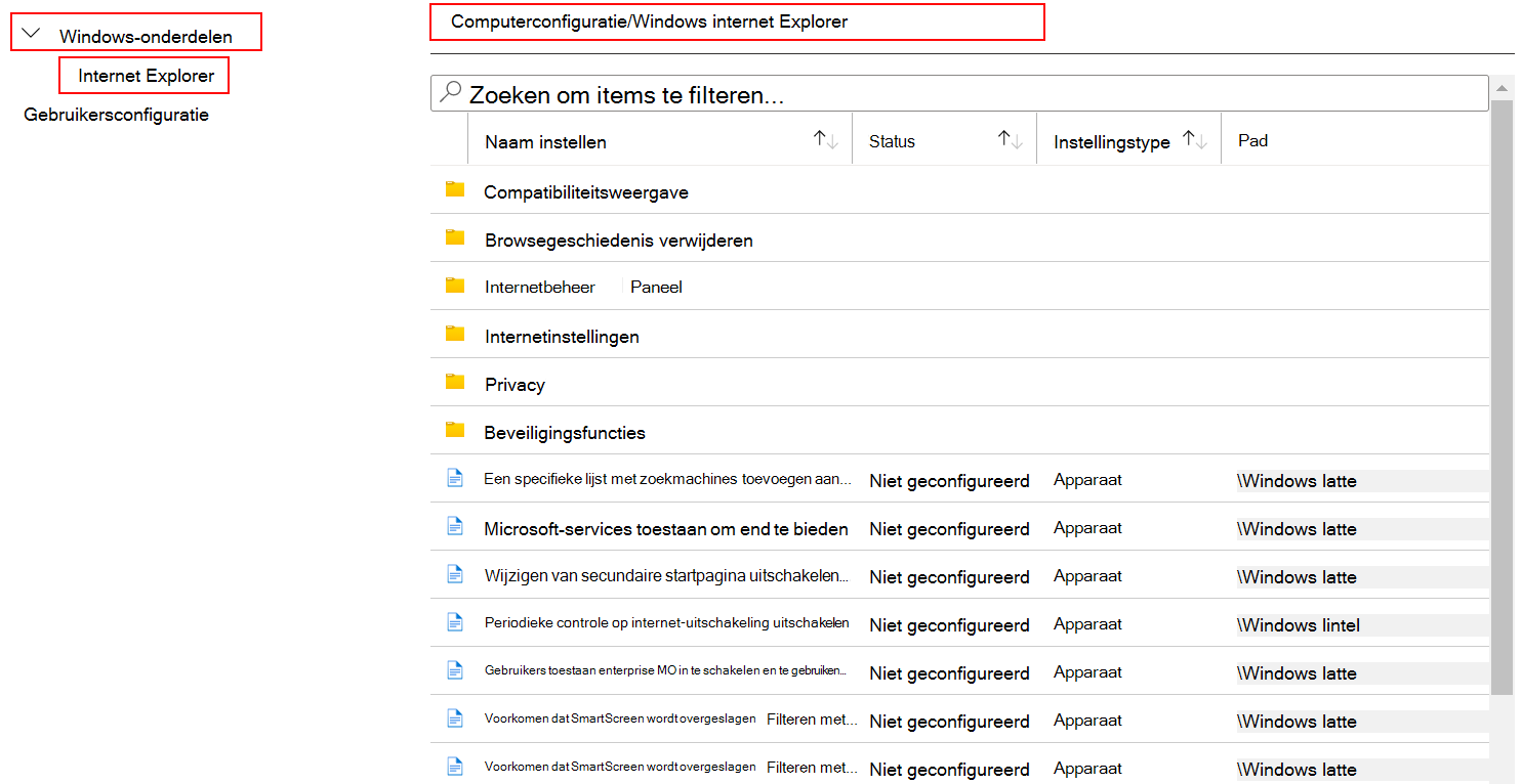 Alle apparaatinstellingen weergeven die van toepassing zijn op Internet Explorer in Microsoft Intune en Intune-beheercentrum