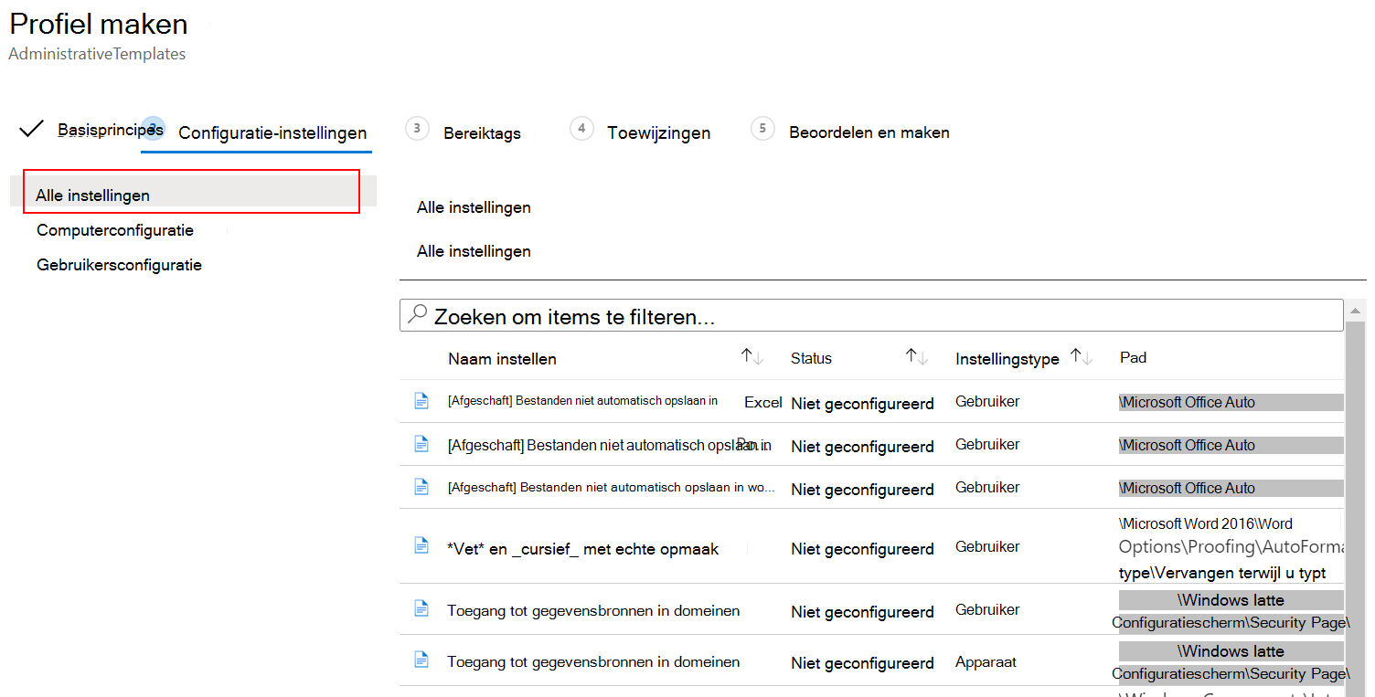 Schermopname van het selecteren van Alle instellingen met behulp van ADMX-sjabloonbeleid in Microsoft Intune.