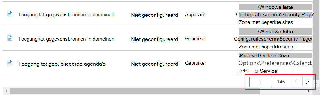 Bekijk een voorbeeldlijst met instellingen en gebruik vorige en volgende knoppen in het Intune-beheercentrum en Microsoft Intune.