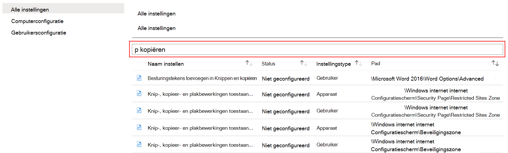 Zoeken naar kopie om alle apparaatinstellingen weer te geven in beheersjablonen in Microsoft Intune en het Intune-beheercentrum.