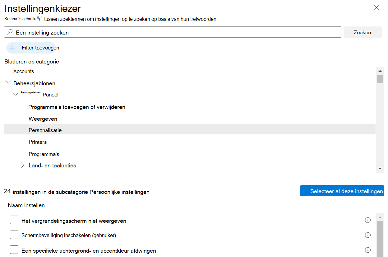 Schermopname van het uitvouwen van beheersjablonen in een beleid voor catalogusinstellingen in Microsoft Intune.