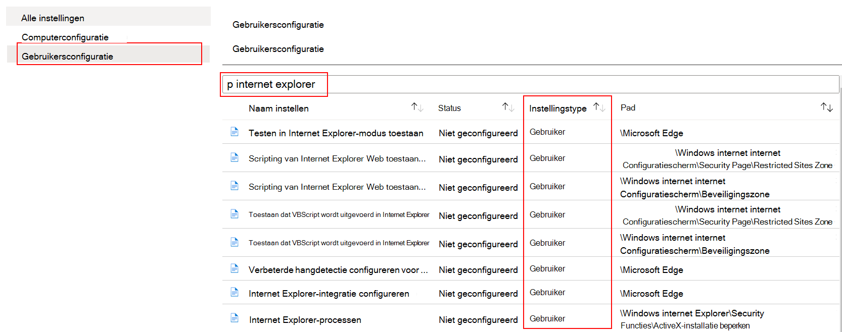 Selecteer in de ADMX-sjabloon gebruikersconfiguratie en zoek of filter op Internet Explorer in Microsoft Intune.