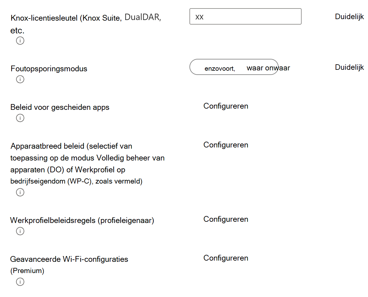 Schermopname van een voorbeeld van een OEMConfig-apparaatconfiguratieprofiel met de belangrijkste bovenliggende groepen of bundels die kunnen worden geconfigureerd in Microsoft Intune.