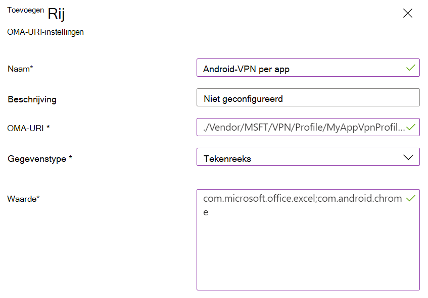 Schermopname van aangepast VPN-beleid voor Android-apparaatbeheerder per app in Microsoft Intune.