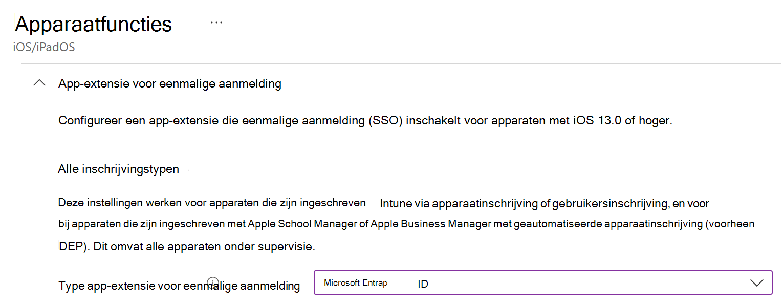 Schermopname van het type app-extensie voor eenmalige aanmelding en Microsoft Entra ID voor iOS/iPadOS in Intune.