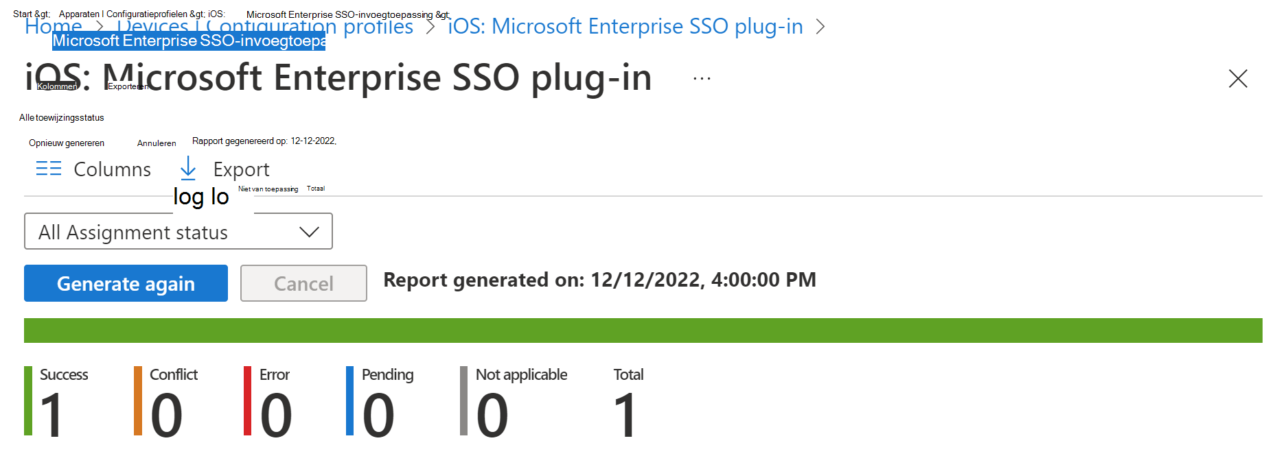 Schermopname van het implementatierapport iOS-/iPadOS-apparaatconfiguratieprofiel in Intune.