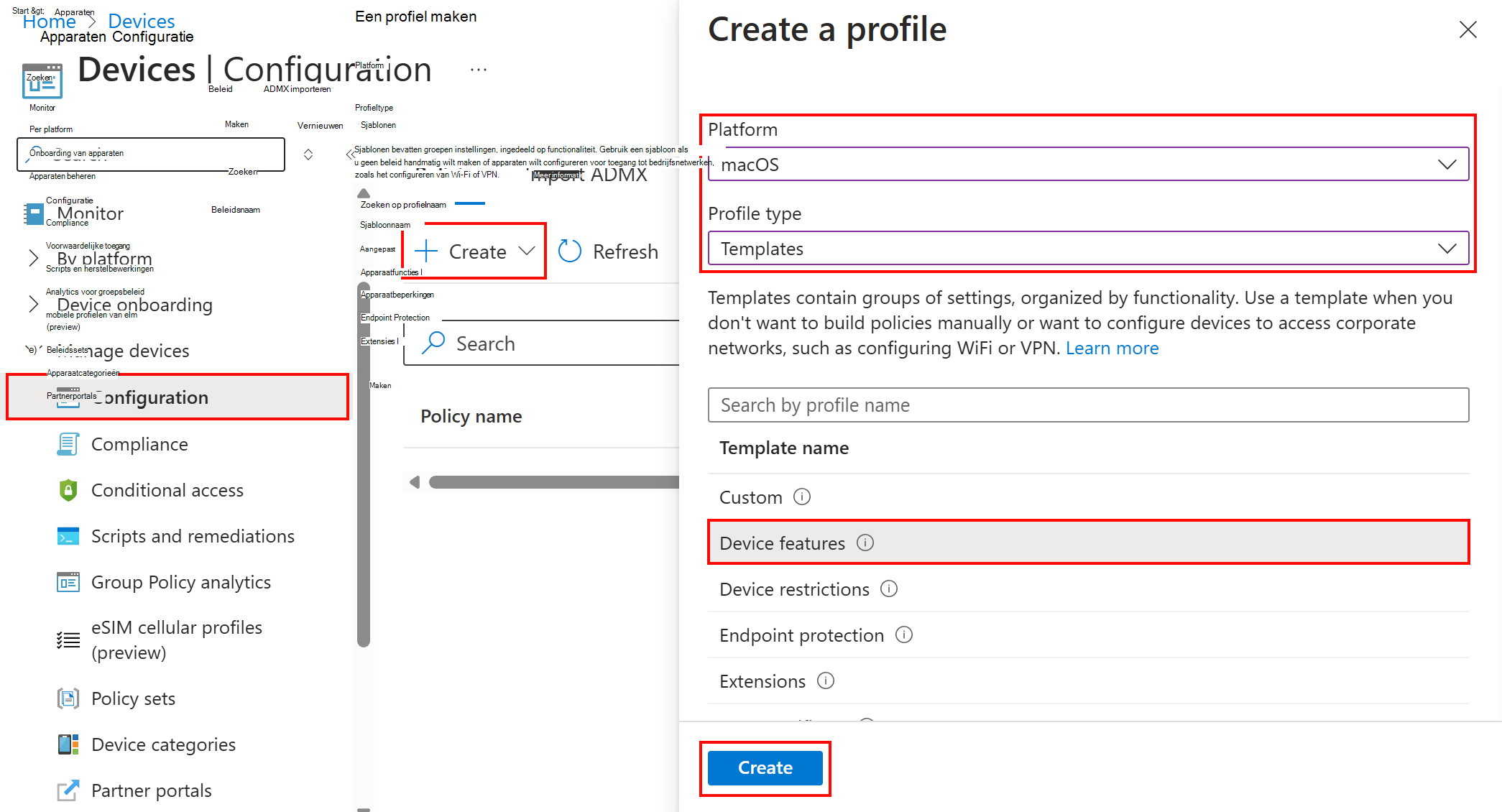 Schermopname van het maken van een configuratieprofiel voor apparaatfuncties voor macOS in Intune.