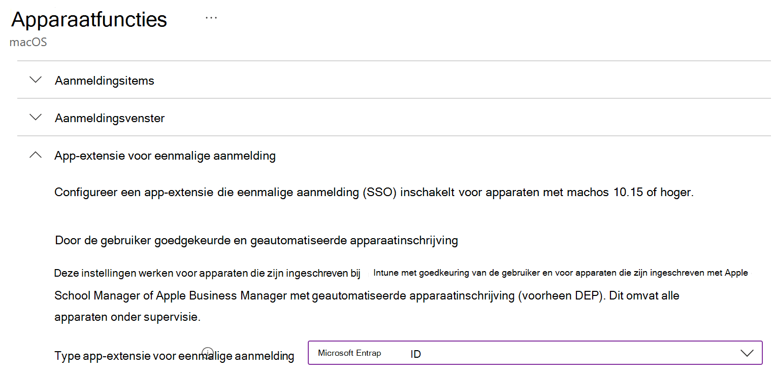 Schermopname van het type SSO-app-extensie en Microsoft Entra ID voor macOS in Intune