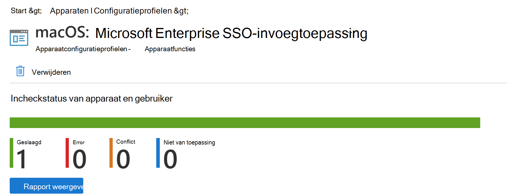 Schermopname van het implementatierapport van het macOS-apparaatconfiguratieprofiel in Microsoft Intune.