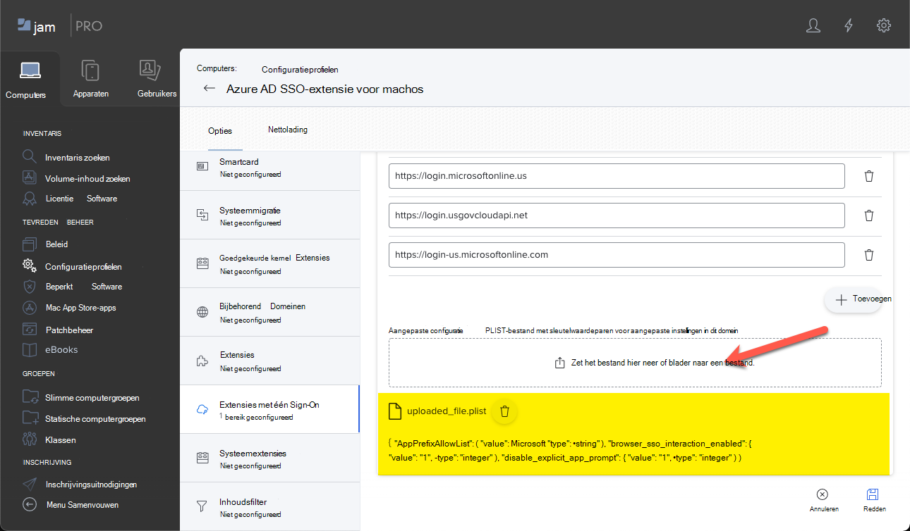 Schermopname van een voorbeeld van een aangepaste configuratie met een PLIST-bestand voor Jamf Pro.