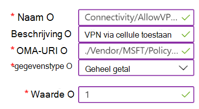 Schermopname van een voorbeeld van een aangepast beleid met VPN-instellingen in Microsoft Intune.