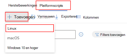 Schermopname van het selecteren van apparaten, scripts, toevoegen en Linux selecteren in de vervolgkeuzelijst om een aangepast Bash-script toe te voegen in Microsoft Intune.