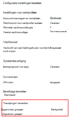 Schermopname die laat zien hoe je toewijzingen selecteert om het profiel te implementeren voor gebruikers en groepen in Microsoft Intune.