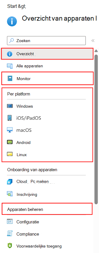 Schermopname die laat zien hoe u Apparaten selecteert om te zien wat u kunt configureren en beheren in Microsoft Intune.