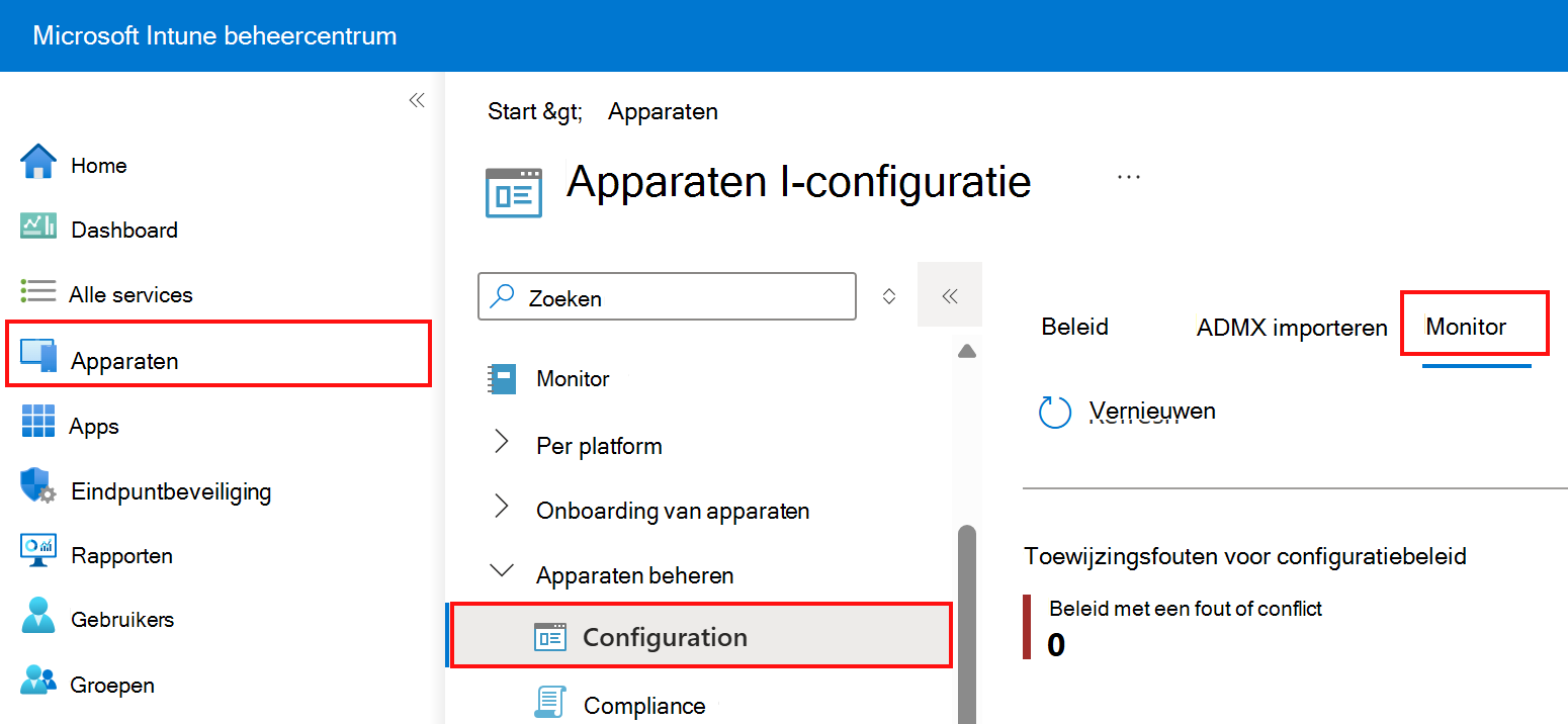 Schermopname van het selecteren van het tabblad Monitor in apparaatconfiguratieprofielen in Microsoft Intune en het Intune-beheercentrum.