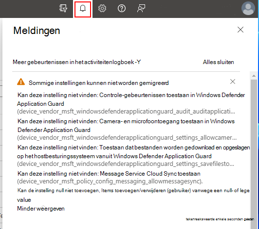 Schermopname van meldingen met aanvullende informatie wanneer het beleid wordt gemaakt in Microsoft Intune.