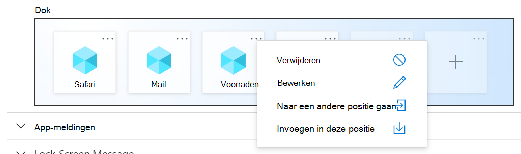 Voorbeeld van dockinstellingen voor iOS-/iPadOS-startschermindeling in Microsoft Intune