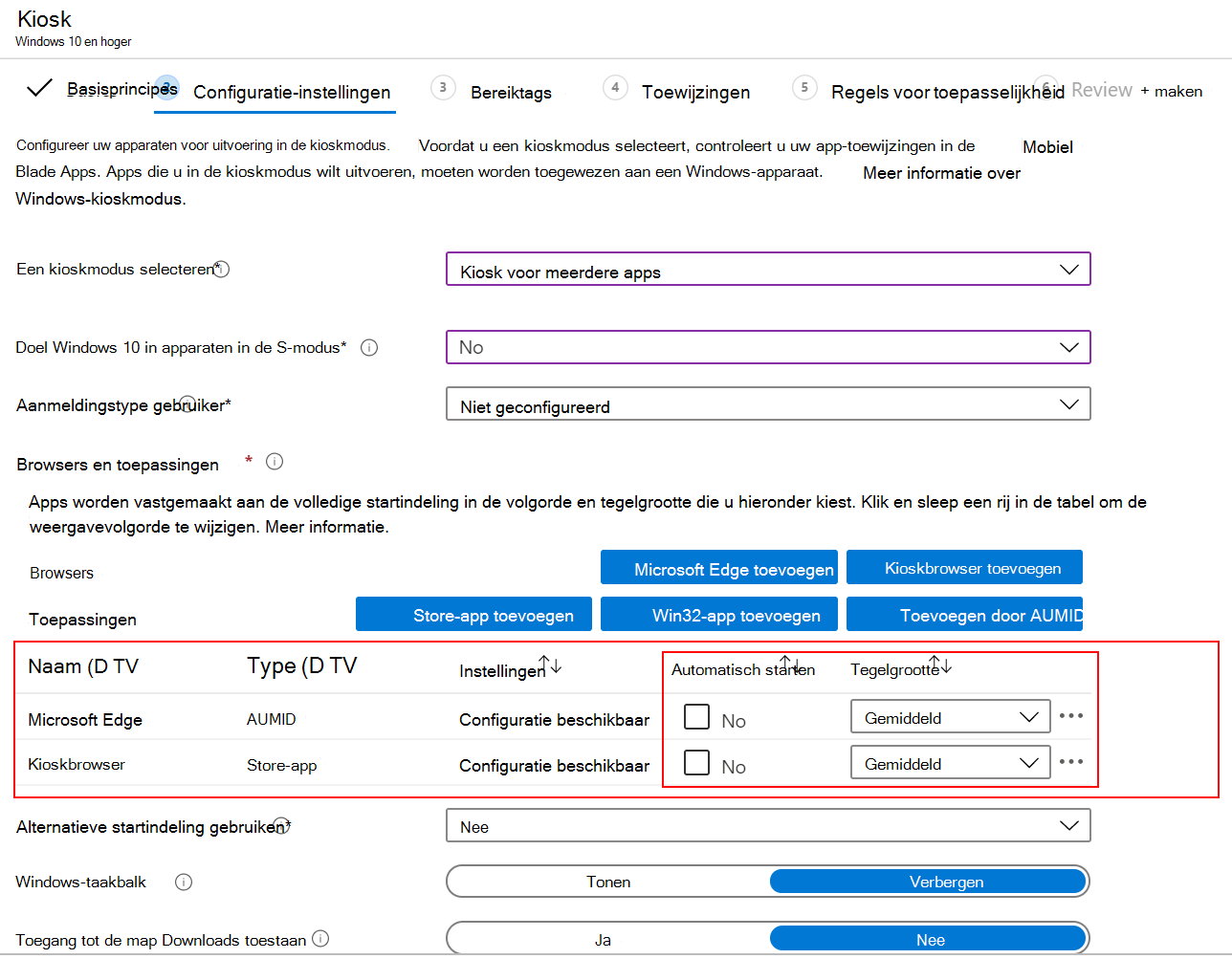 Start de app of browser automatisch en selecteer de tegelgrootte in een kioskprofiel voor meerdere apps in Microsoft Intune.