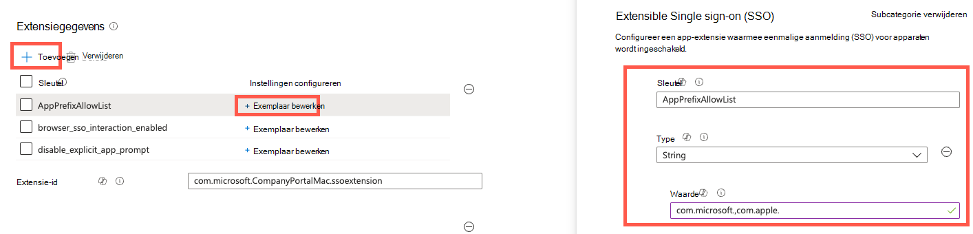 Schermopname die laat zien hoe u instellingen voor extensiegegevens configureert, zoals AppPrefixAllowList.