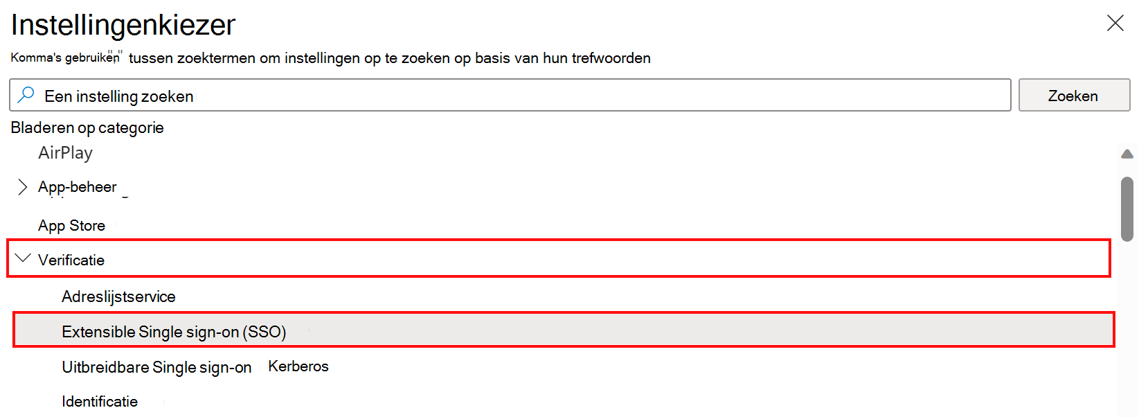 Schermopname van de instellingenkiezer Instellingen catalogus en het selecteren van verificatie en uitbreidbare SSO-categorie in Microsoft Intune.