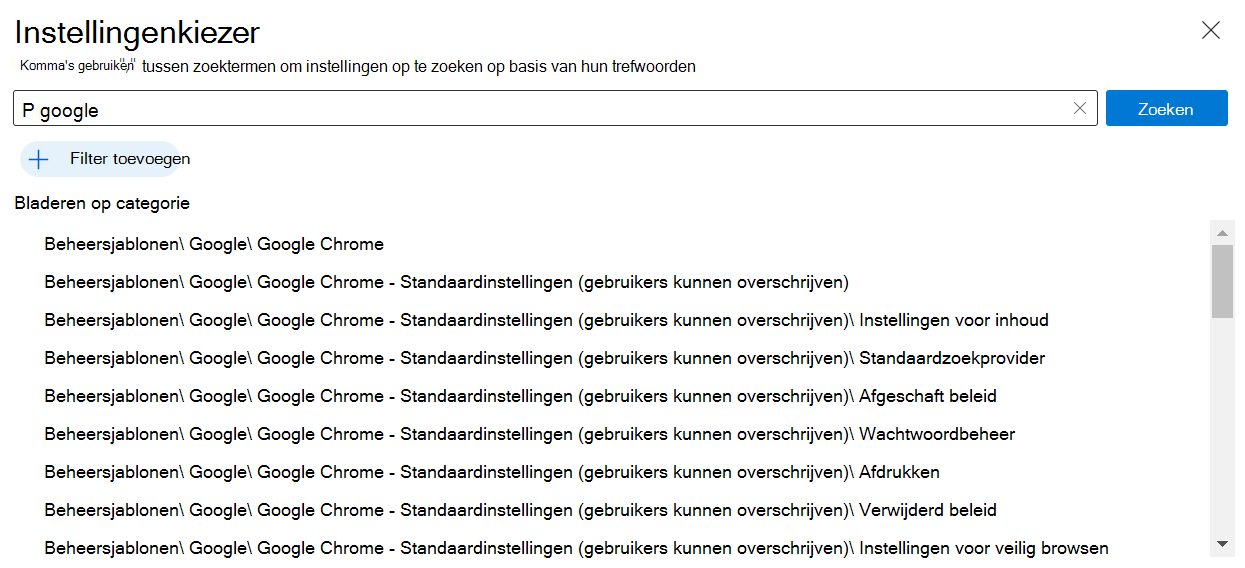 Schermopname van de Google Chrome-instellingen in de instellingencatalogus die zijn ingebouwd in Microsoft Intune en Intune beheercentrum. Gebruik deze instellingen om een Google Chrome-beleid te maken en te configureren op Windows-apparaten.