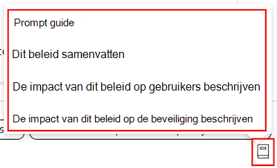 Schermopname van de promptgids voor copilot-beleid en een lijst met de beschikbare prompts in de instellingencatalogus in Microsoft Intune en Intune beheercentrum.