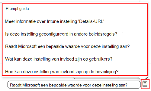 Schermopname van de promptgids voor Copilot-instellingen en een lijst met de beschikbare prompts in de instellingencatalogus in Microsoft Intune en Intune beheercentrum.