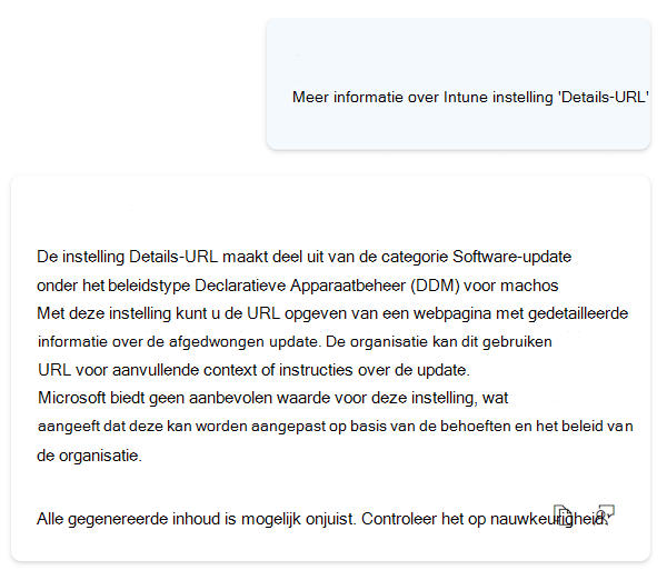 Schermopname van Copilot met gedetailleerdere informatie over een instelling in de instellingencatalogus in Microsoft Intune en Intune beheercentrum.