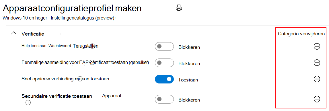 Schermopname van de instellingencatalogus en dat de standaardwaarden in Microsoft Intune en Intune beheercentrum hetzelfde zijn als de standaardwaarden van het besturingssysteem.