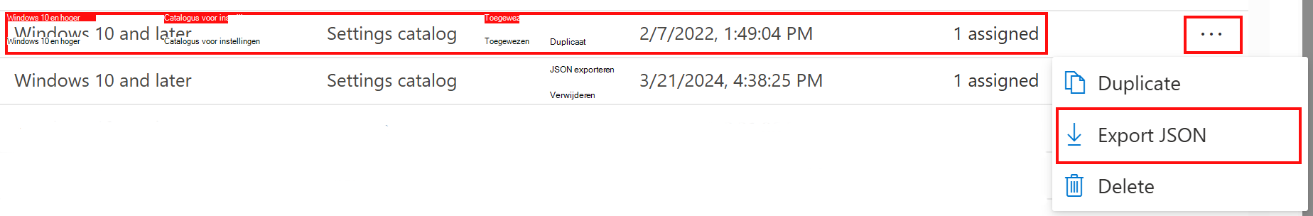 Schermopname van het exporteren van een catalogusbeleid voor instellingen als JSON in Microsoft Intune en Intune beheercentrum.