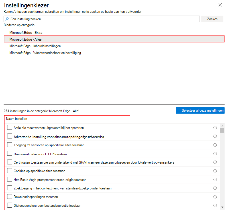 Schermopname van de instellingencatalogus wanneer u macOS selecteert en een functie of categorie selecteert in Microsoft Intune en Intune beheercentrum.