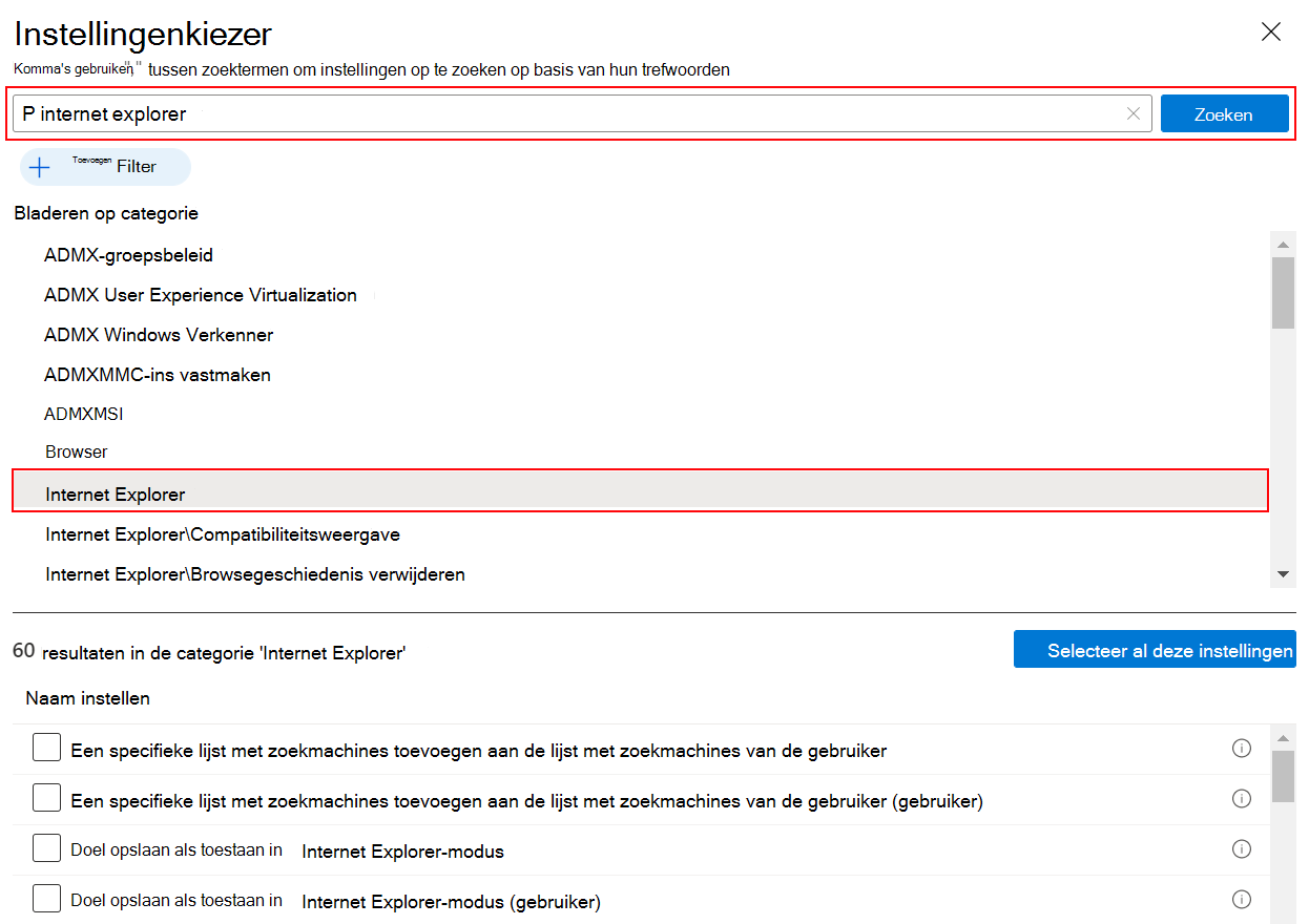 Schermopname van de instellingencatalogus wanneer u zoekt naar Internet Explorer om alle Internet Explorer-instellingen in Microsoft Intune en Intune beheercentrum te zien.