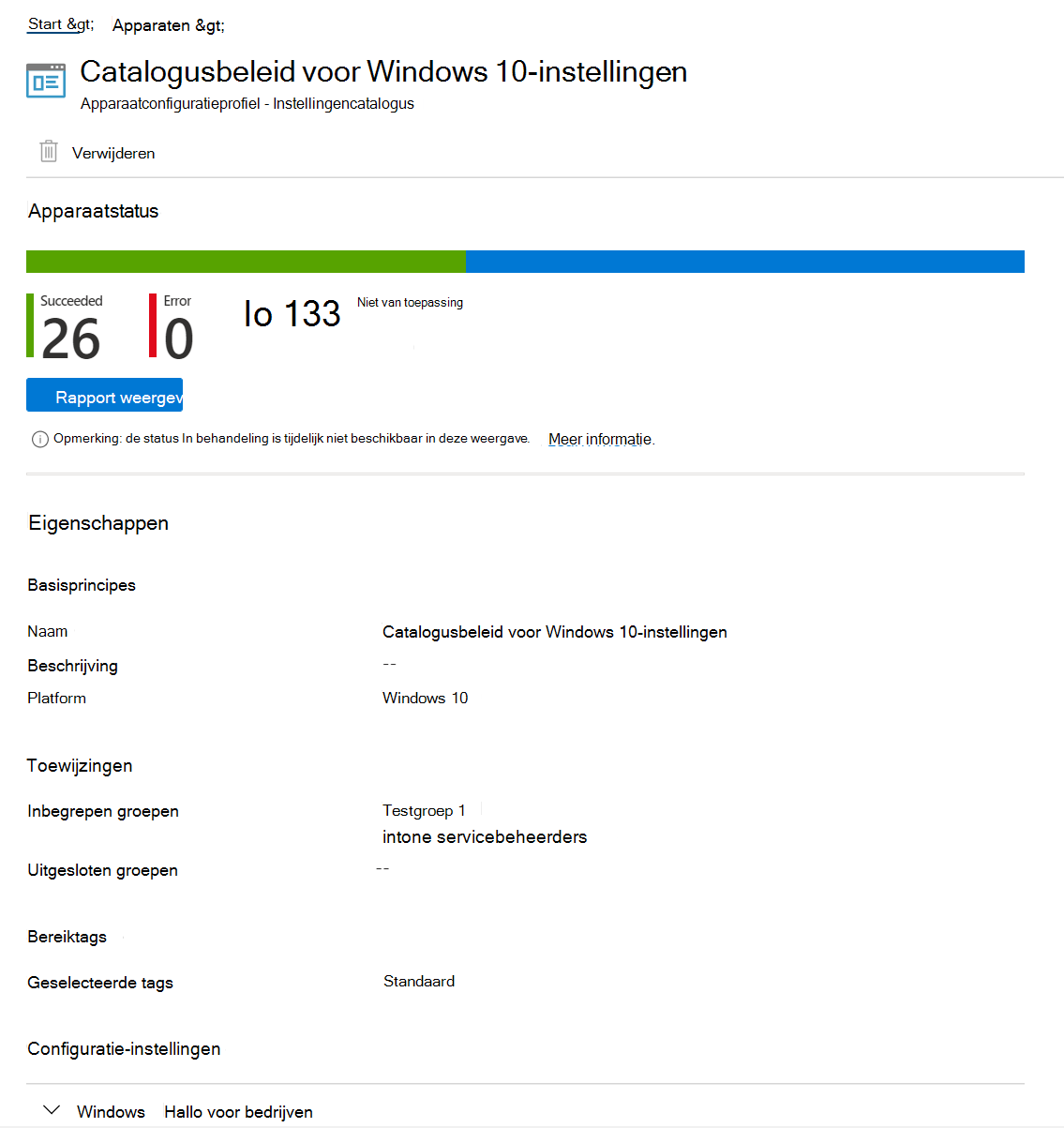 Schermopname die laat zien hoe u het catalogusbeleid voor instellingen selecteert om de apparaatstatus, beleidsstatus en eigenschappen in Microsoft Intune en Intune beheercentrum te bekijken.