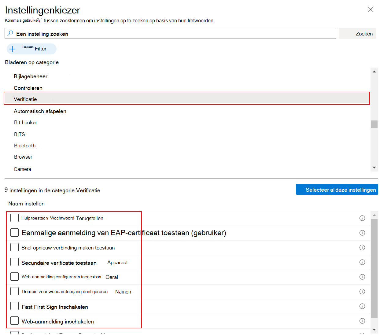 Schermopname van de instellingencatalogus wanneer u Windows en Verificatie selecteert in Microsoft Intune en Intune beheercentrum.