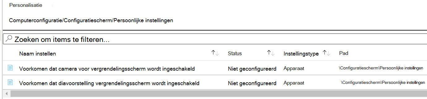 Schermopname van het pad voor het instellen van het persoonlijke instellingenbeleid in Microsoft Intune.