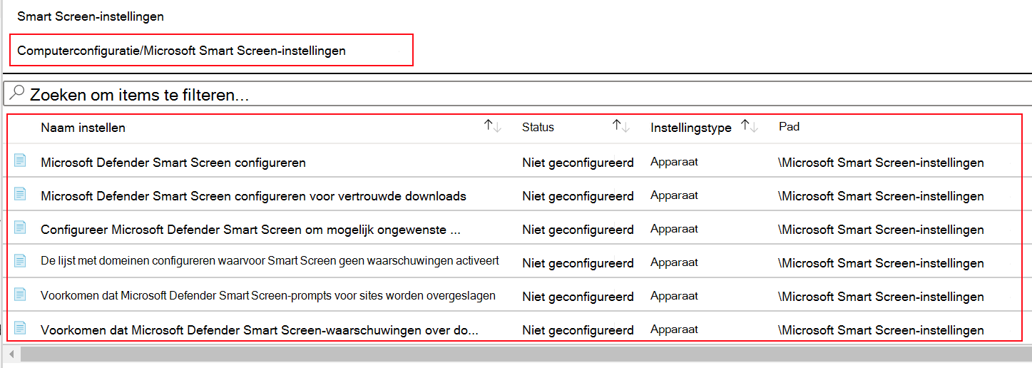 Schermopname die laat zien hoe u de Microsoft Edge SmartScreen-beleidsinstellingen kunt zien in ADMX-sjablonen in Microsoft Intune.