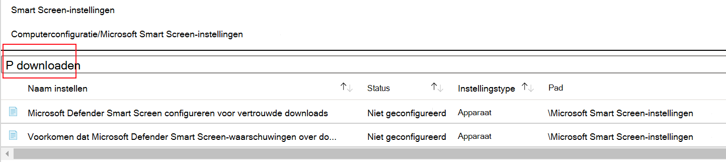 Schermopname die laat zien hoe u de Microsoft Edge SmartScreen-beleidsinstellingen filtert in een Microsoft Intune ADMX-sjabloon.