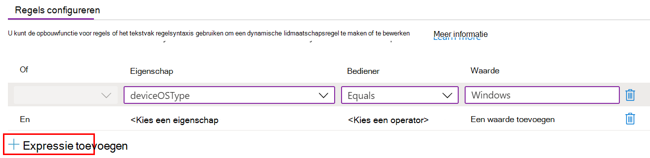 Schermopname van het maken van een dynamische query en het toevoegen van expressies in een Microsoft Intune beheersjabloon.