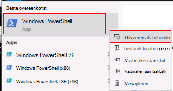 Schermopname van het uitvoeren van Windows PowerShell als beheerder.