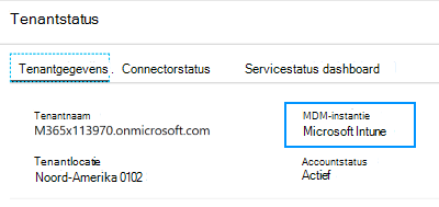 Schermopname die laat zien hoe u de MDM-instantie instelt op Microsoft Intune in uw tenantstatus.