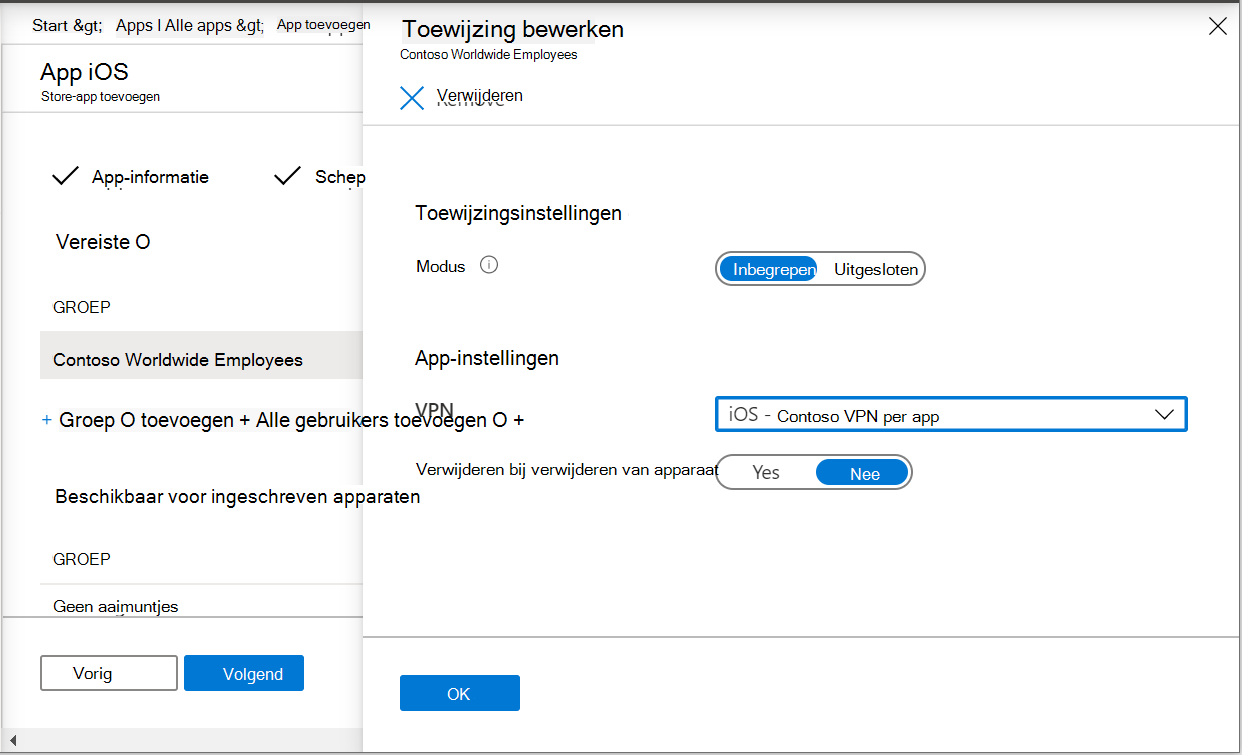 Twee schermopnamen van het toewijzen van een app aan het VPN-profiel per app in Microsoft Intune en Intune beheercentrum.