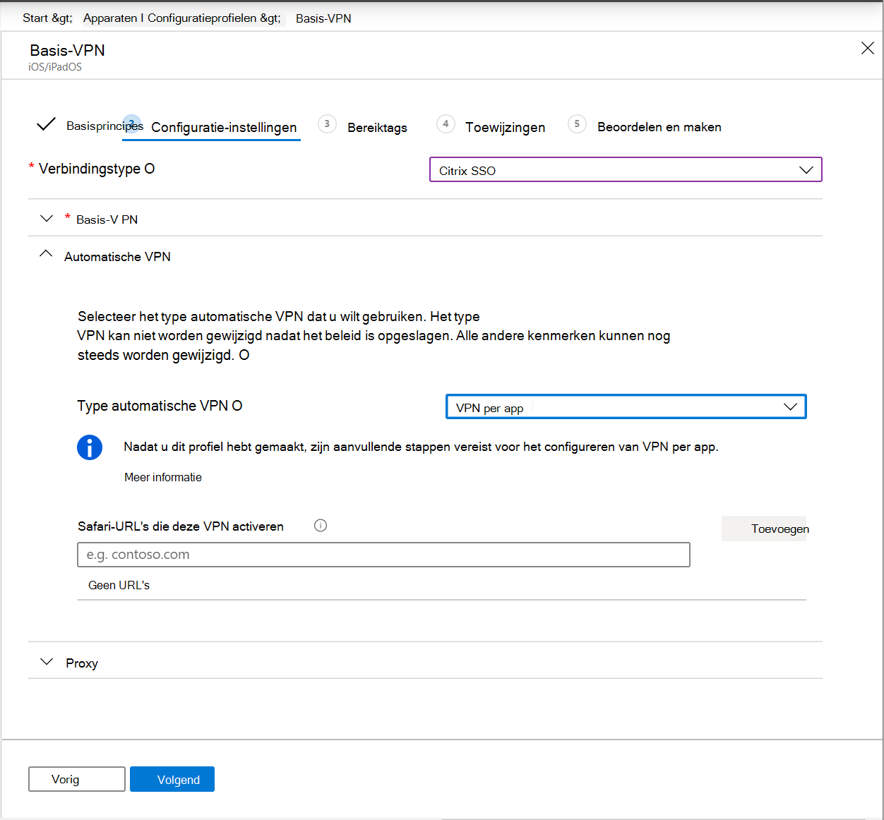 Schermopname van de instelling Automatische VPN op VPN per app op iOS-/iPadOS-apparaten in Microsoft Intune.