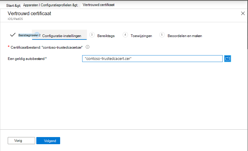 Maak een vertrouwd certificaatprofiel voor iOS-/iPadOS-apparaten in Microsoft Intune en Intune beheercentrum.