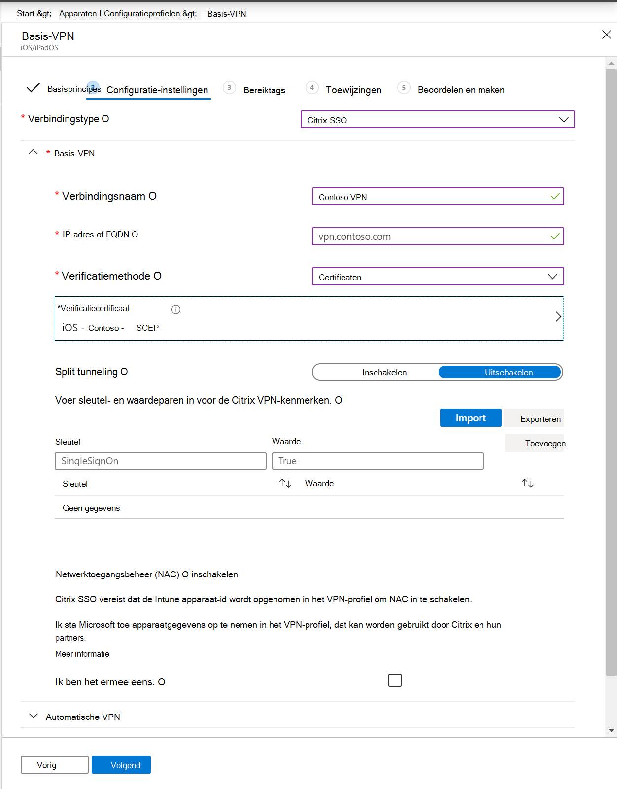 Schermopname van een VPN-profiel per app, IP-adres of FQDN, verificatiemethode en split tunneling in Microsoft Intune en Intune beheercentrum.