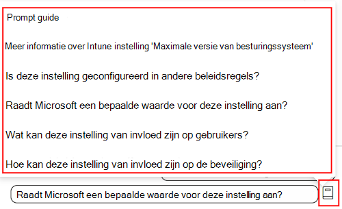 Schermopname van de Copilot-promptgids wanneer je een instelling toevoegt in een nalevingsbeleid in Microsoft Intune en het Intune-beheercentrum.