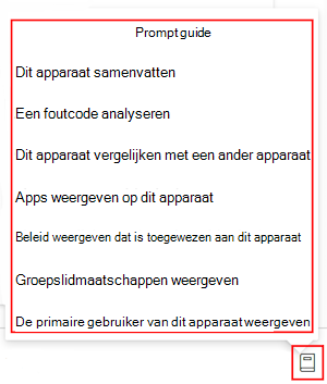 Schermopname van de Copilot-promptgids nadat je een apparaat hebt geselecteerd in Microsoft Intune of het Intune-beheercentrum.