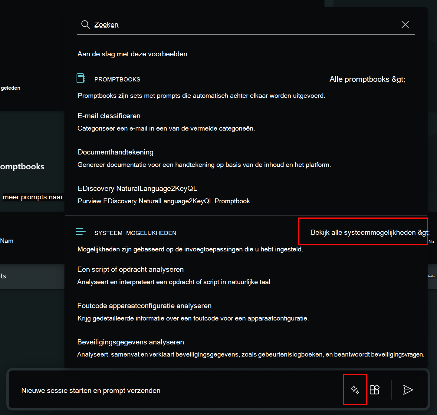 Schermopname die laat zien hoe u het promptpictogram en systeemmogelijkheden selecteert in Security Copilot.